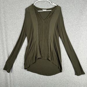 LUCKY BRAND Blouse Womens Large Green Linen Blend Top Long Sleeve Boho Knit